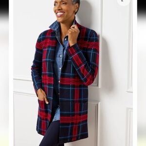 Talbots Merino Wool Coatigan - Cabin Plaid Red Blue Size XS Blazer‎